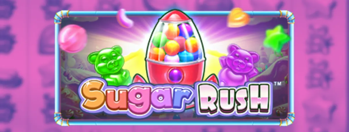 Sugar Rush slot banner featuring a candy-filled gumball rocket in the centre, green and purple gummy bears on both sides, and the colourful “Sugar Rush” title on a bright purple background.