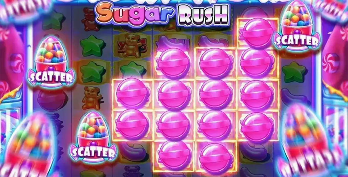 Sugar Rush slot free-spins scene showing four “Scatter” gumball capsules around the reels and a glowing cluster of pink candy spheres in the centre, with blurred candy effects framing the screen.